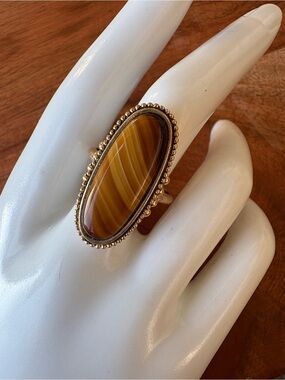 Avon Gold-Tone Brown Agate Oval Statement Ring - Size 8.25